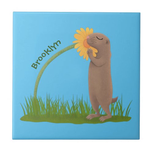 Cute prairie dog sniffing flower cartoon ceramic tile