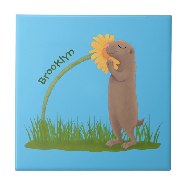 Cute prairie dog sniffing flower cartoon ceramic tile (Front)