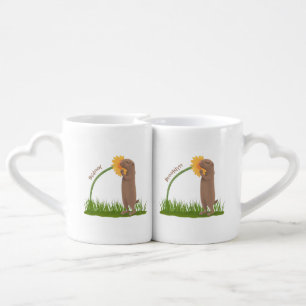 Cute prairie dog sniffing flower cartoon coffee mug set