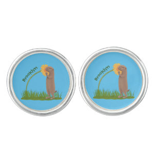 Cute prairie dog sniffing flower cartoon cufflinks