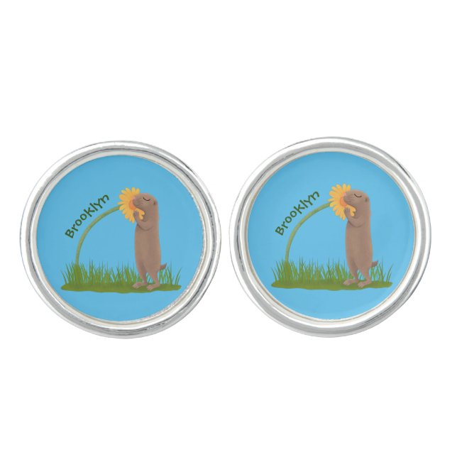 Cute prairie dog sniffing flower cartoon cufflinks (Front)
