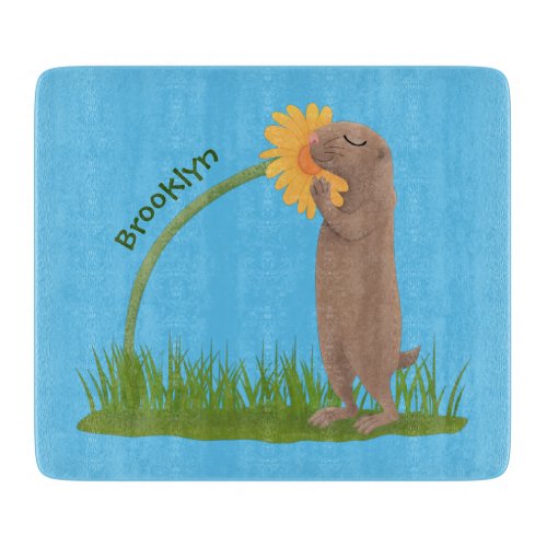 Cute prairie dog sniffing flower cartoon cutting board