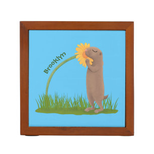 Cute prairie dog sniffing flower cartoon desk organizer