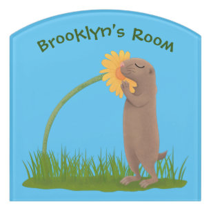 Cute prairie dog sniffing flower cartoon door sign