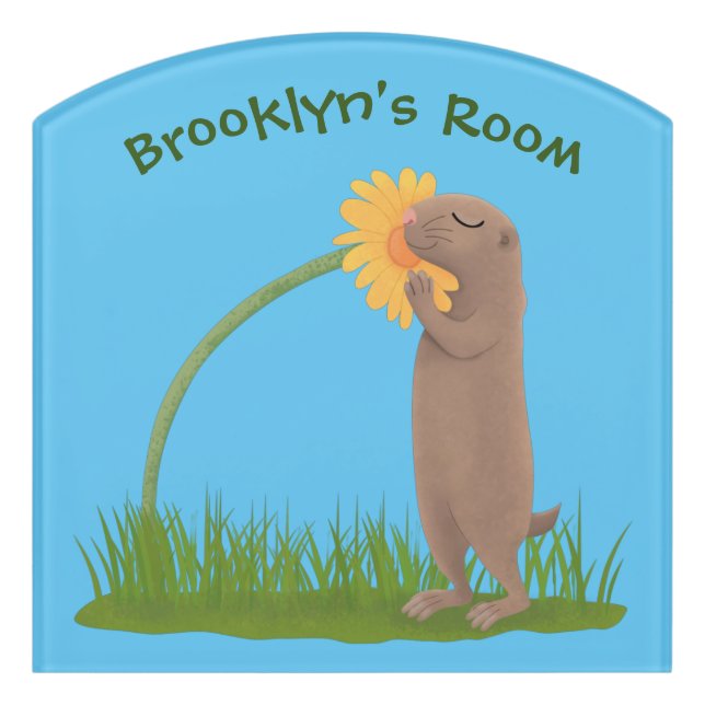 Cute prairie dog sniffing flower cartoon door sign (Contour Front)