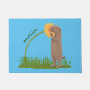 Cute prairie dog sniffing flower cartoon doormat