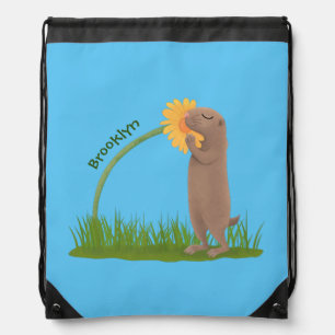 Cute prairie dog sniffing flower cartoon drawstring bag