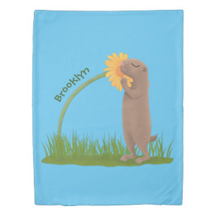 Cute prairie dog sniffing flower cartoon duvet cover