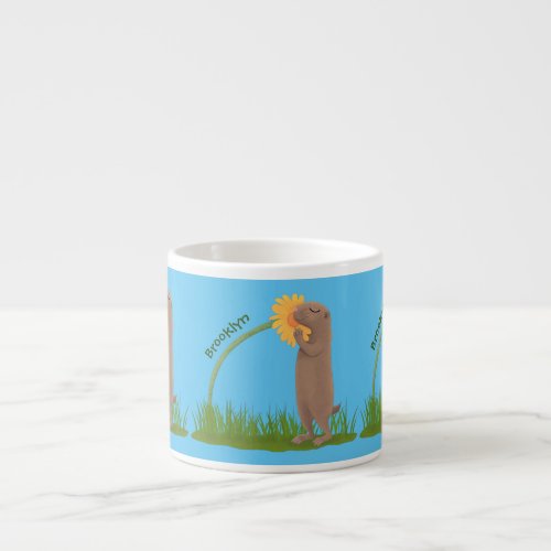 Cute prairie dog sniffing flower cartoon espresso cup