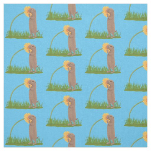 Cute prairie dog sniffing flower cartoon fabric