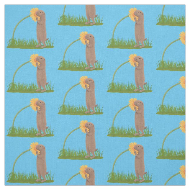 Cute prairie dog sniffing flower cartoon fabric (Swatch)
