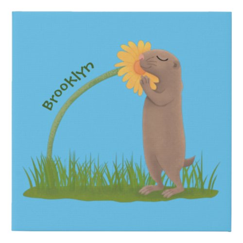 Cute prairie dog sniffing flower cartoon faux canvas print