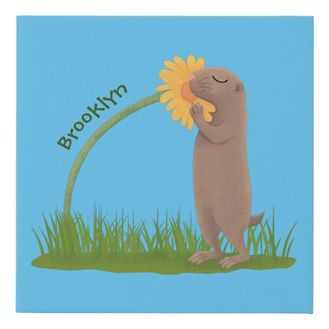 Cute prairie dog sniffing flower cartoon faux canvas print (Front)