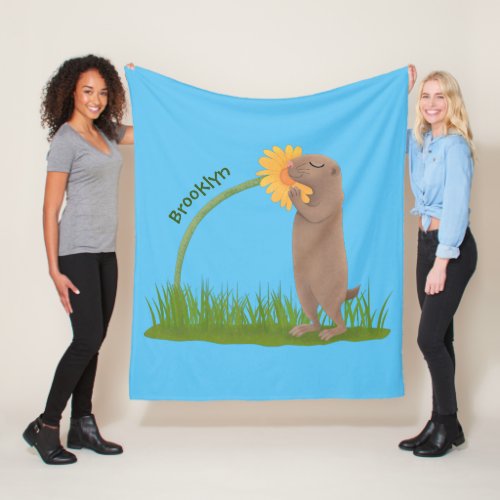 Cute prairie dog sniffing flower cartoon fleece blanket