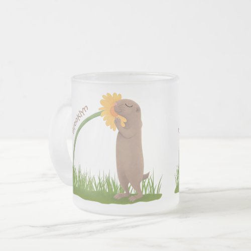 Cute prairie dog sniffing flower cartoon frosted glass coffee mug