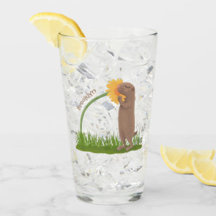 Cute prairie dog sniffing flower cartoon glass