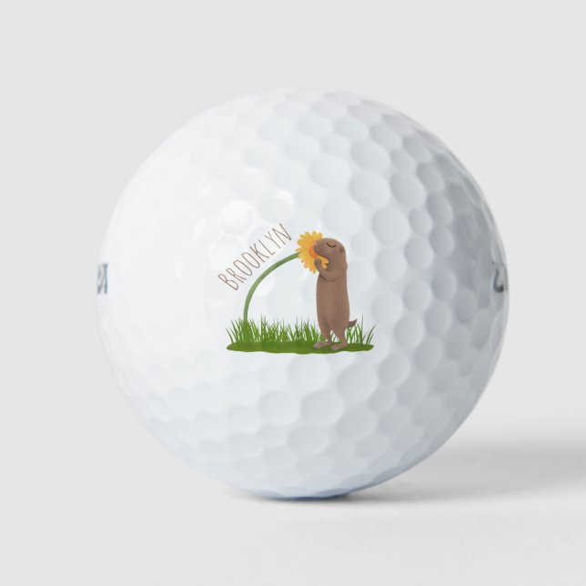 Cute prairie dog sniffing flower cartoon golf balls (Front)