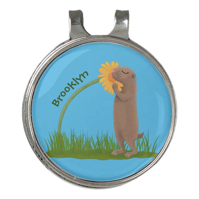 Cute prairie dog sniffing flower cartoon golf hat clip (Front)