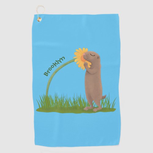 Cute prairie dog sniffing flower cartoon golf towel