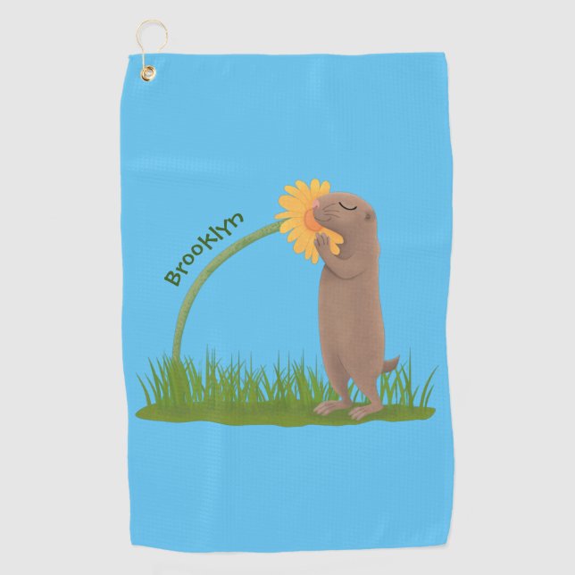 Cute prairie dog sniffing flower cartoon golf towel (Front)