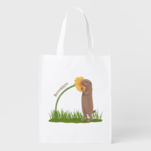Cute prairie dog sniffing flower cartoon grocery bag