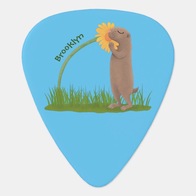 Cute prairie dog sniffing flower cartoon guitar pick (Front)