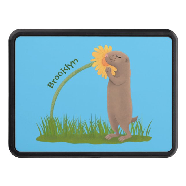 Cute prairie dog sniffing flower cartoon hitch cover (Front)