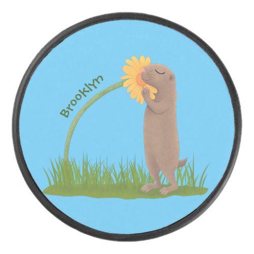 Cute prairie dog sniffing flower cartoon hockey puck