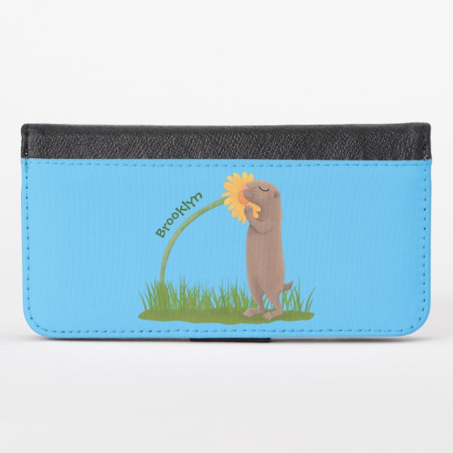 Cute prairie dog sniffing flower cartoon iPhone wallet case (Front (Horizontal))