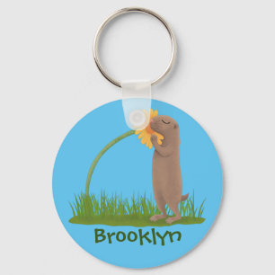 Cute prairie dog sniffing flower cartoon keychain