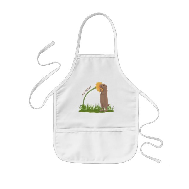 Cute prairie dog sniffing flower cartoon kids' apron (Front)