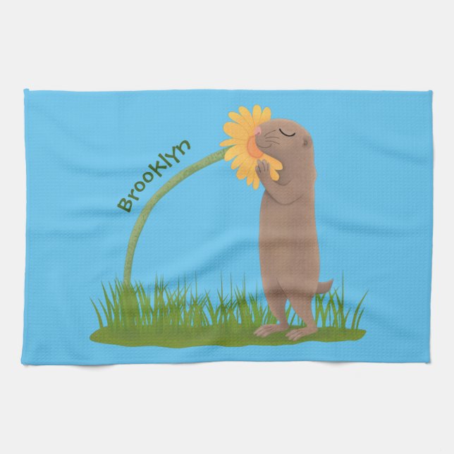Cute prairie dog sniffing flower cartoon  kitchen towel (Horizontal)