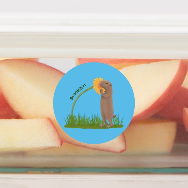 Cute prairie dog sniffing flower cartoon labels (Affixed)