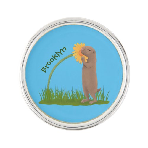 Cute prairie dog sniffing flower cartoon  lapel pin