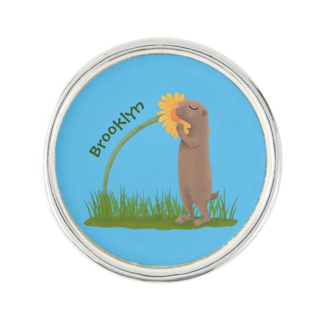 Cute prairie dog sniffing flower cartoon  lapel pin (Front)
