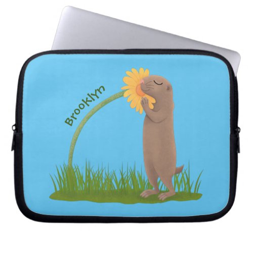 Cute prairie dog sniffing flower cartoon laptop sleeve