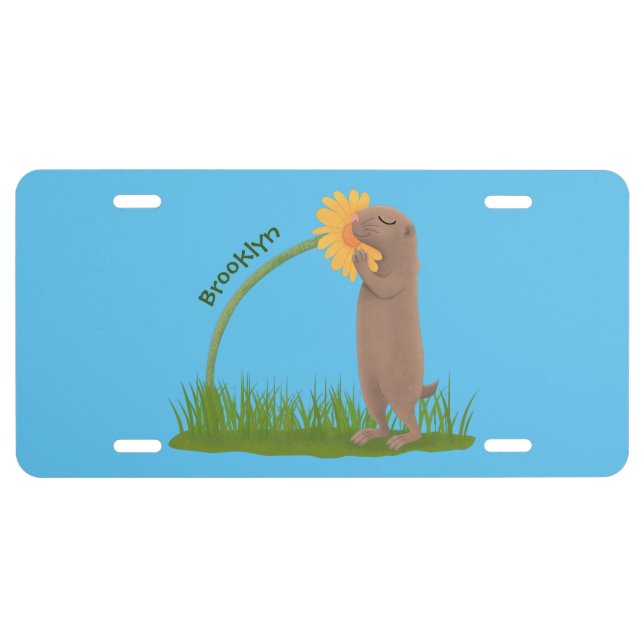 Cute prairie dog sniffing flower cartoon license plate (Front)