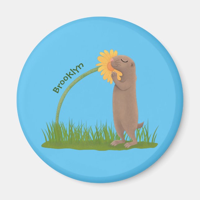Cute prairie dog sniffing flower cartoon magnet (Front)