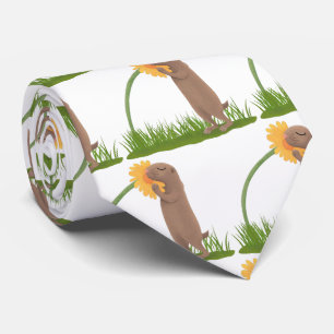 Cute prairie dog sniffing flower cartoon neck tie
