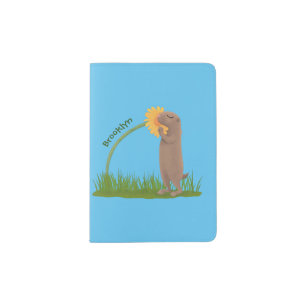 Cute prairie dog sniffing flower cartoon passport holder