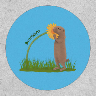 Cute prairie dog sniffing flower cartoon patch