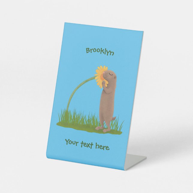 Cute prairie dog sniffing flower cartoon  pedestal sign (Front)
