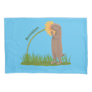Cute prairie dog sniffing flower cartoon pillow case