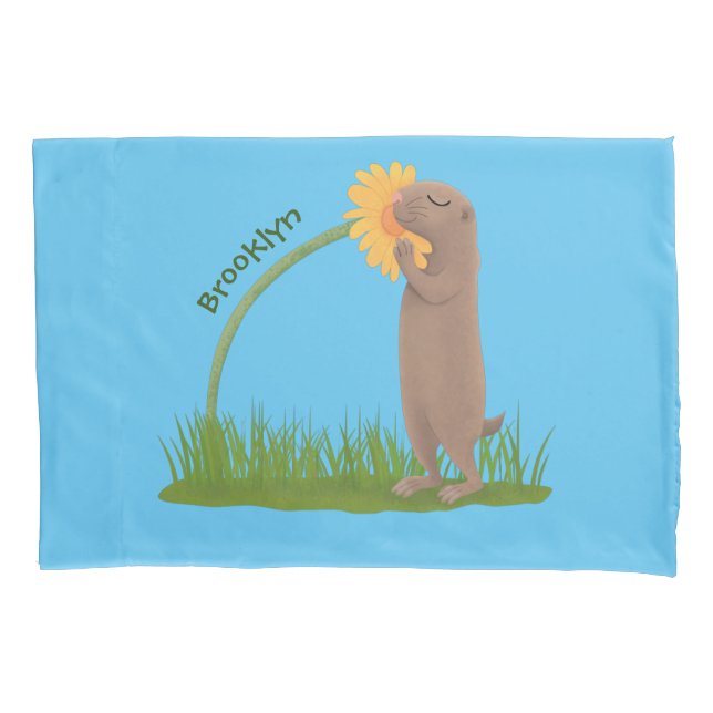 Cute prairie dog sniffing flower cartoon pillow case (Front)