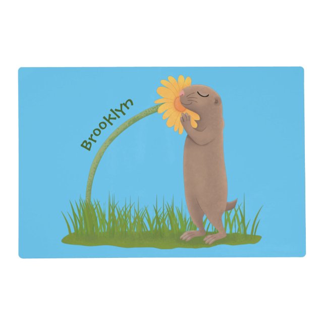 Cute prairie dog sniffing flower cartoon placemat (Front)