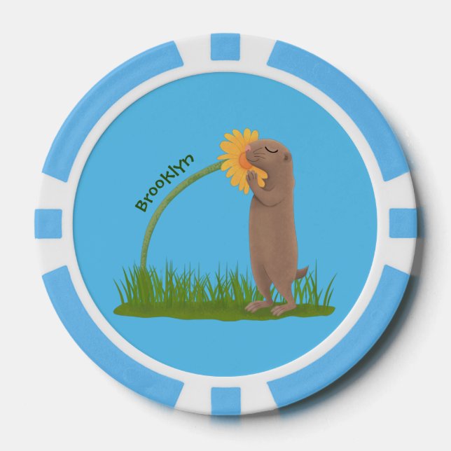Cute prairie dog sniffing flower cartoon poker chips (Front)