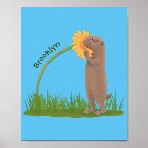Cute prairie dog sniffing flower cartoon poster