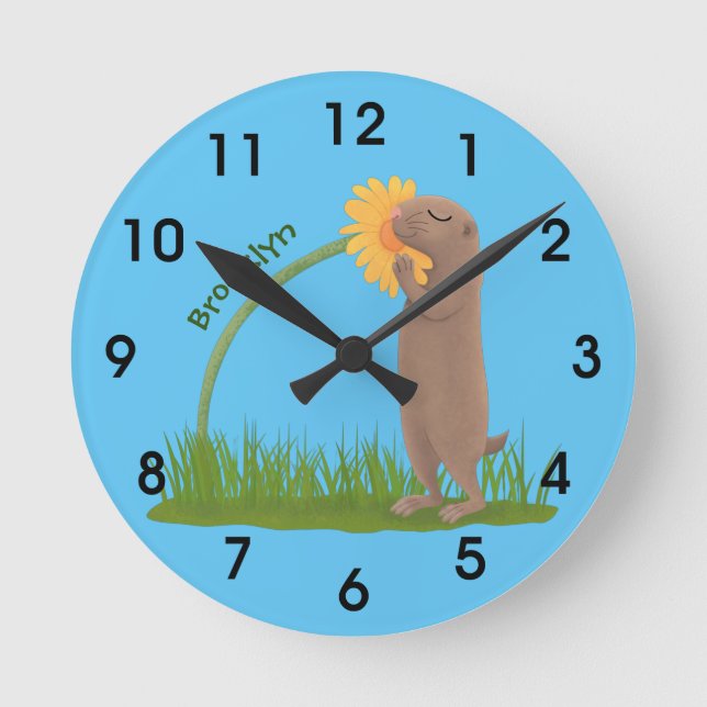 Cute prairie dog sniffing flower cartoon round clock (Front)