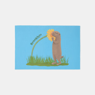 Cute prairie dog sniffing flower cartoon rug