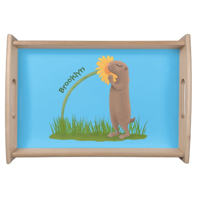 Cute prairie dog sniffing flower cartoon serving tray (Front)